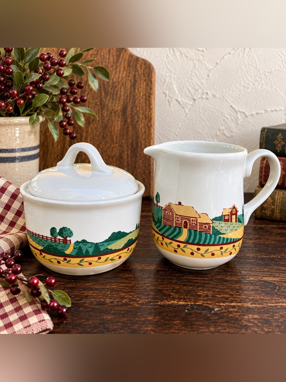 Vintage Primitive Country Farmhouse Sugar Creamer Set Folk Art